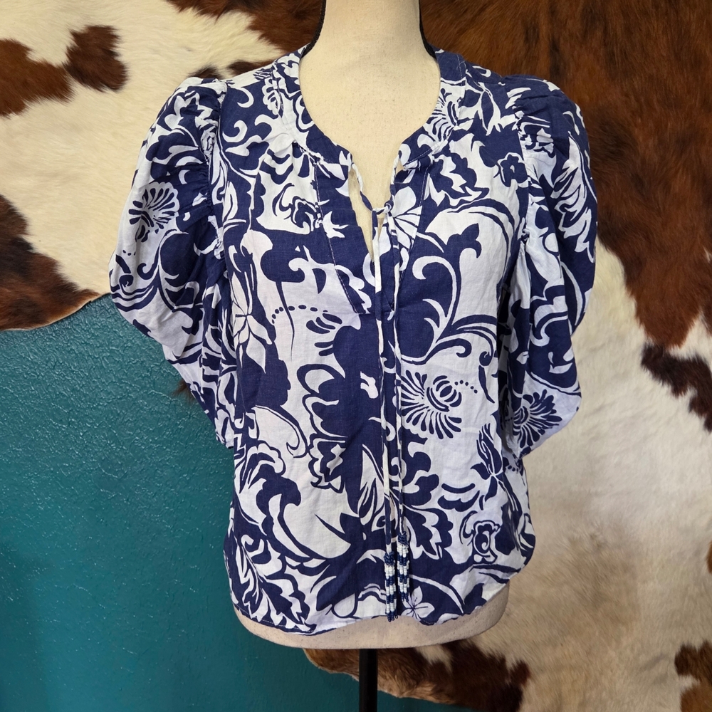 Christian Siriano Navy and White Floral Tie-Front Blouse